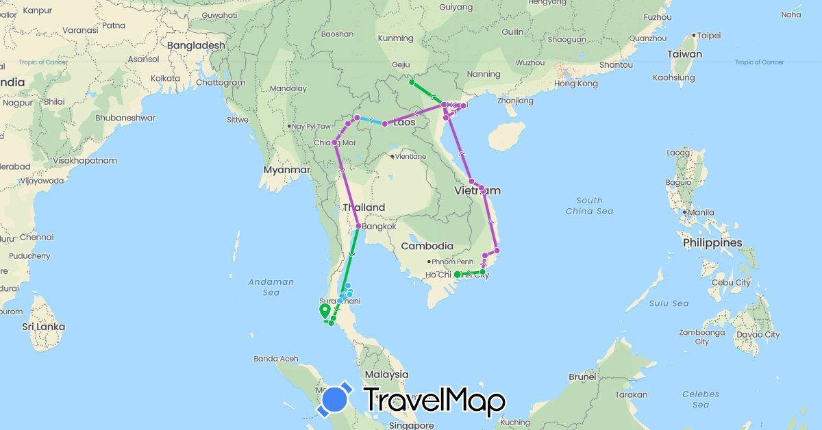 TravelMap itinerary: driving, bus, train, boat in Laos, Thailand, Vietnam (Asia)