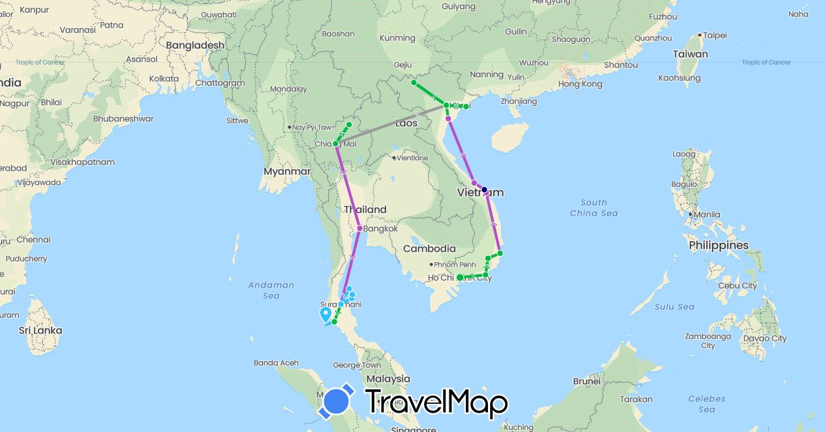 TravelMap itinerary: driving, bus, plane, train, boat in Thailand, Vietnam (Asia)